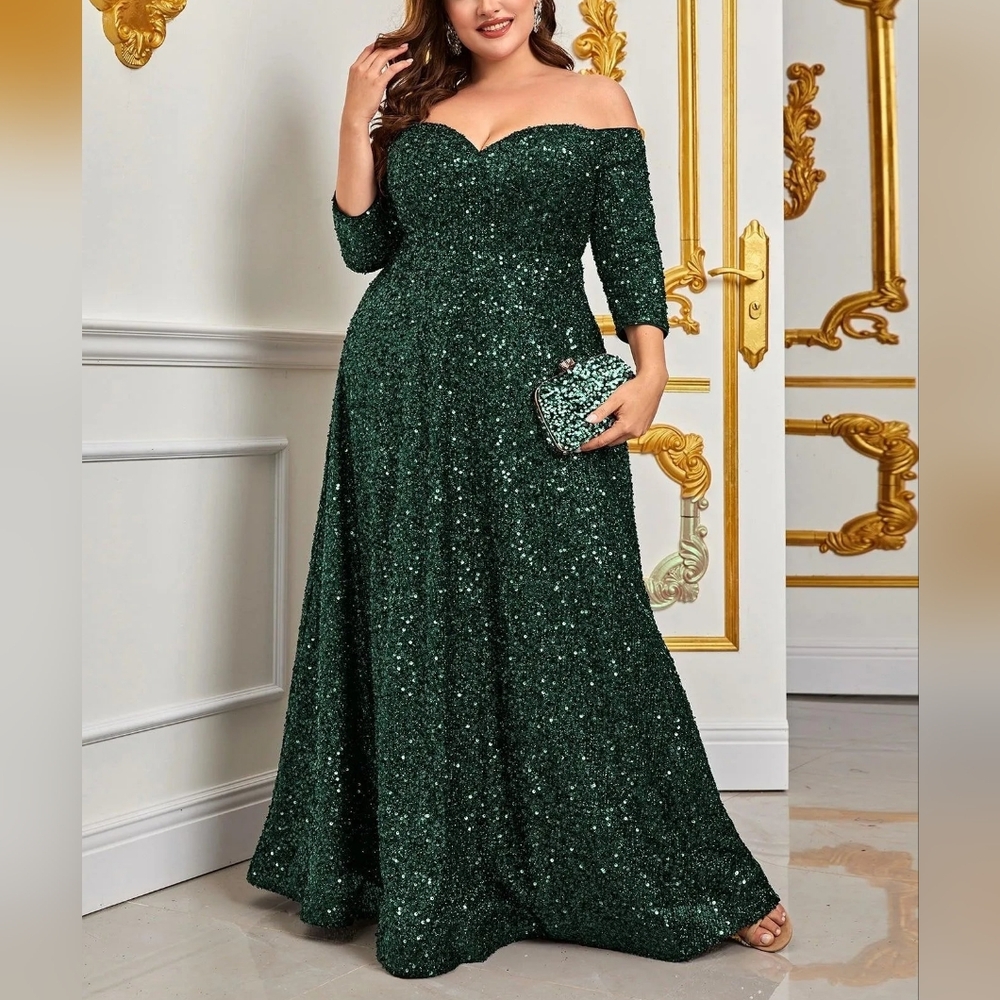 5XL (20ish) Faeriesty Dark Green Sequin/Tinsel Off-Shoulder 3/4 Sleeve Gown, 52"